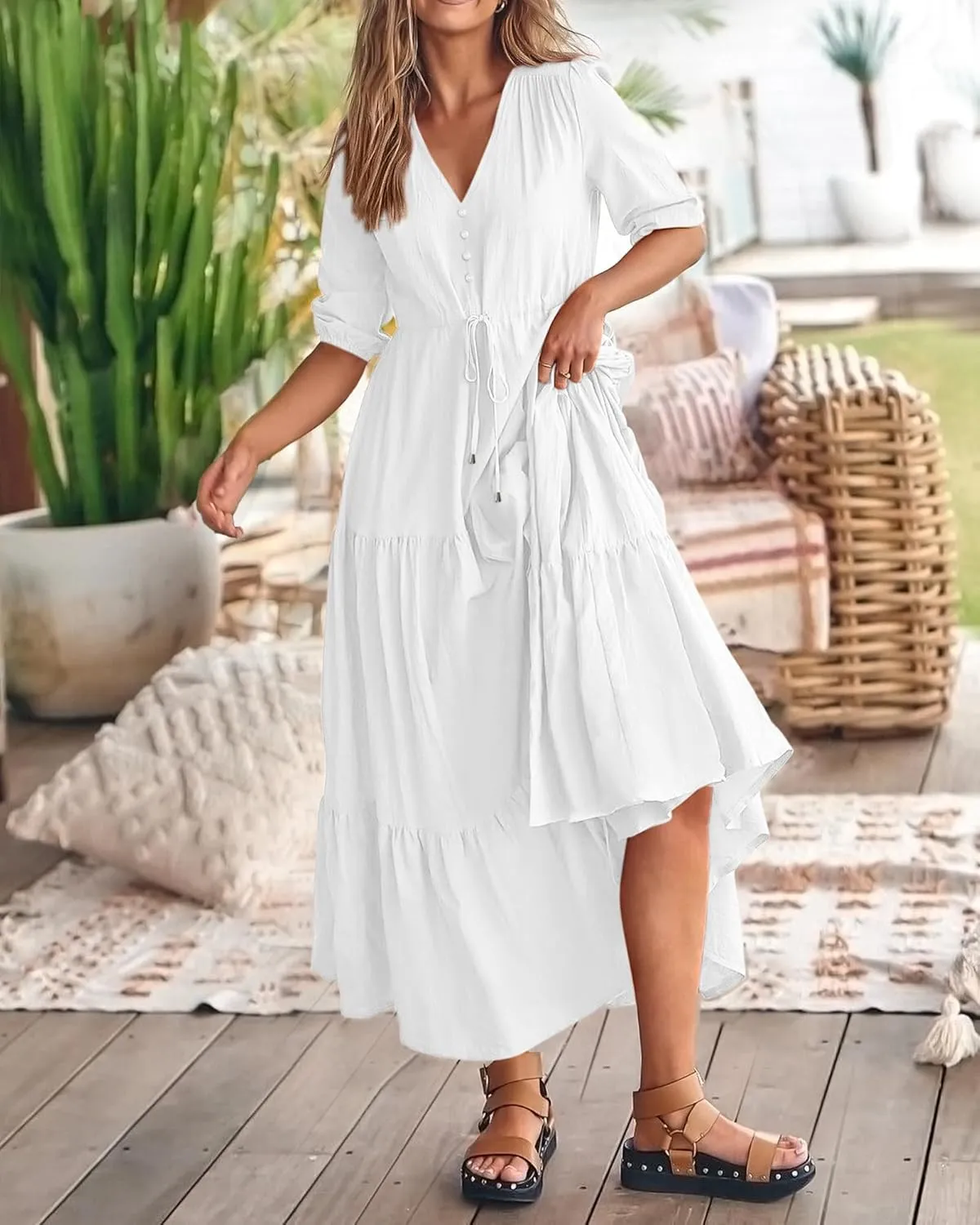 Dresses for Women Summer Short Sleeve V Neck Flowy Swing Maxi Dress Side Split Flutter Drawstring Waist Dresses