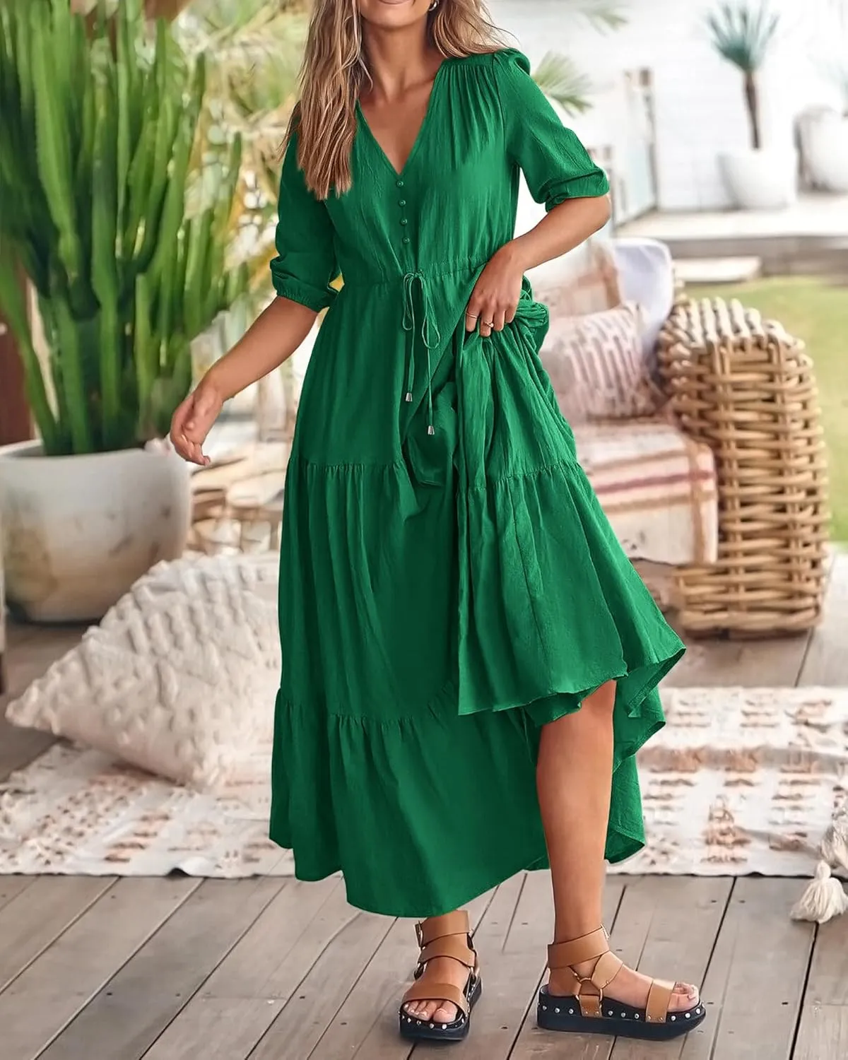 Dresses for Women Summer Short Sleeve V Neck Flowy Swing Maxi Dress Side Split Flutter Drawstring Waist Dresses