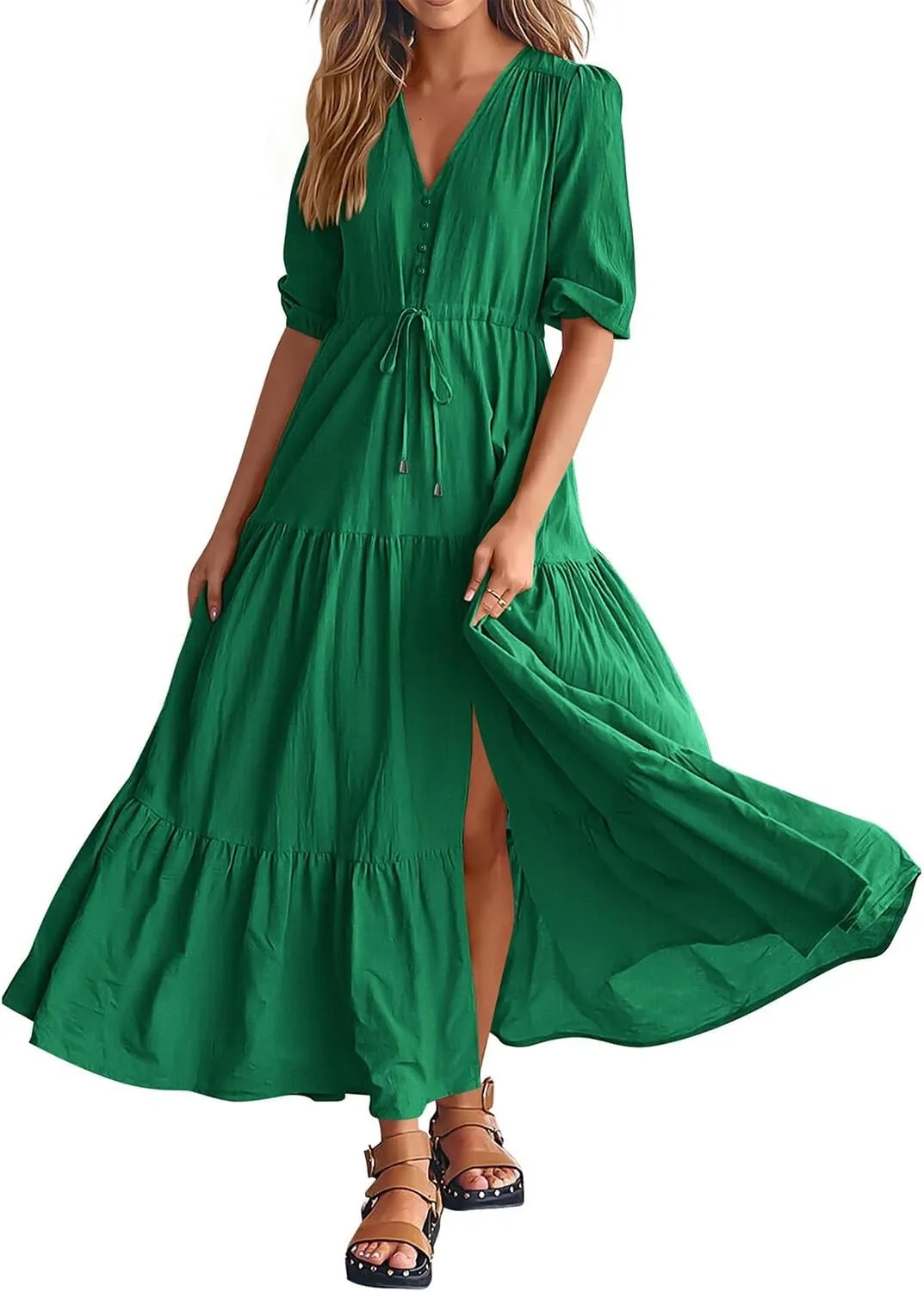 Dresses for Women Summer Short Sleeve V Neck Flowy Swing Maxi Dress Side Split Flutter Drawstring Waist Dresses