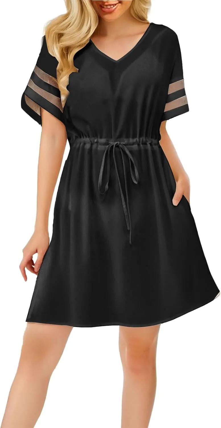 Dresses for Women Summer V Neck Short Sleeve Mini Beach Dress Waist Drawstring A-Line Sundresses