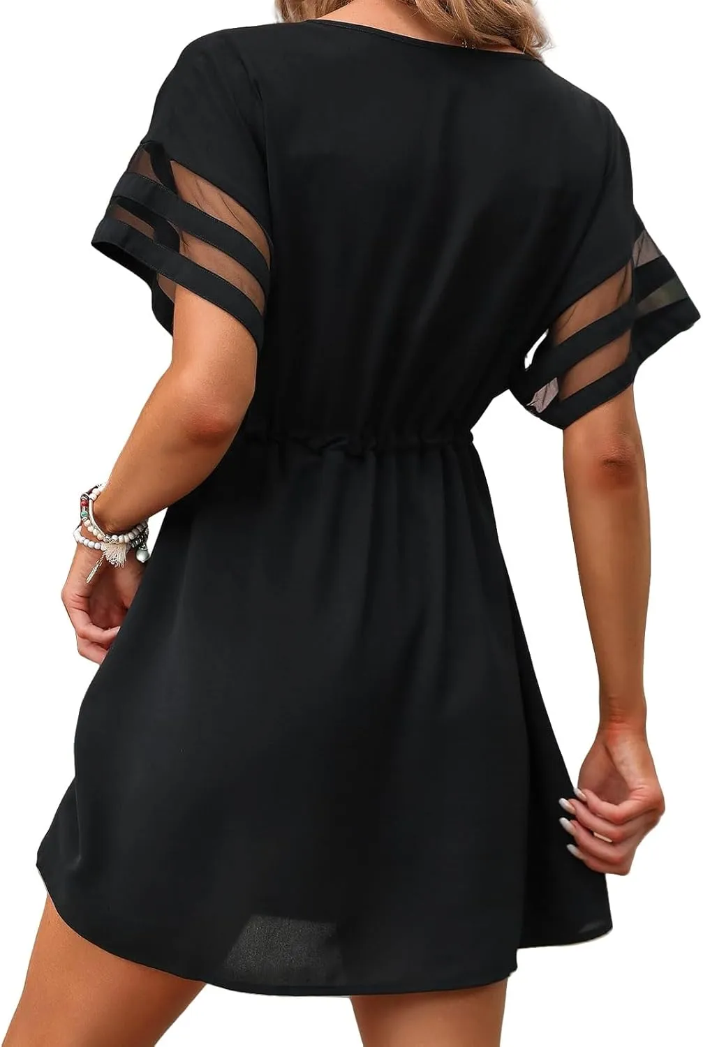 Dresses for Women Summer V Neck Short Sleeve Mini Beach Dress Waist Drawstring A-Line Sundresses