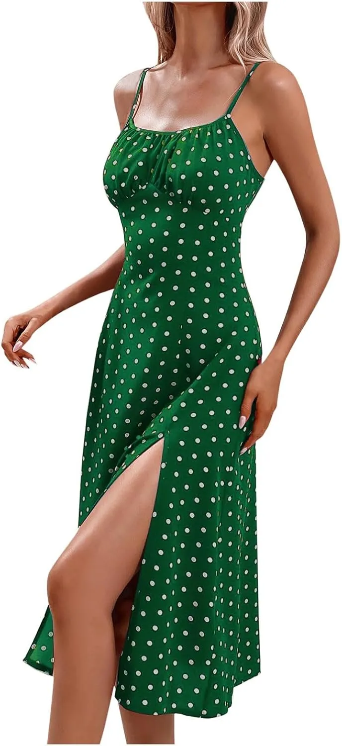 Eduavar Midi Dresses for Women 2024, Casual Dresses for Women Floral Print Sexy Slim Waist Spaghetti Strap Backless Dress
