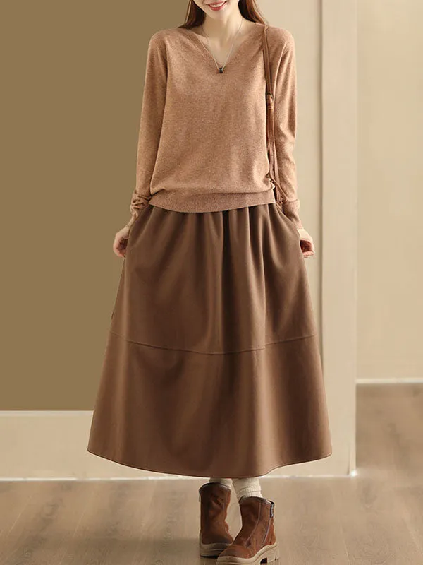 Elasticity Pockets Solid Color A-Line Loose Skirts Bottoms