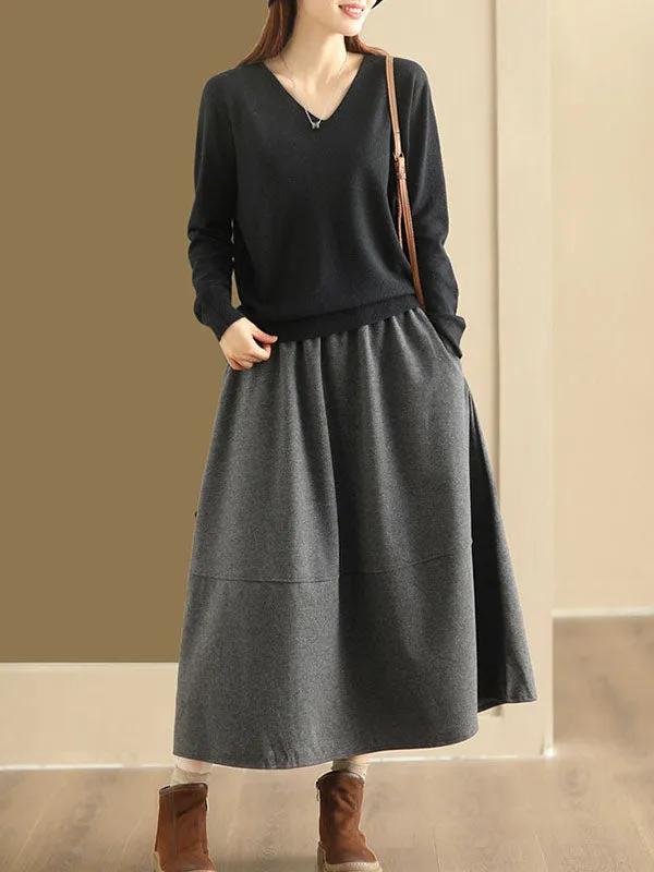 Elasticity Pockets Solid Color A-Line Loose Skirts Bottoms