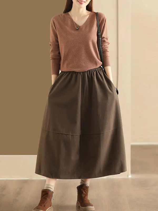 Elasticity Pockets Solid Color A-Line Loose Skirts Bottoms
