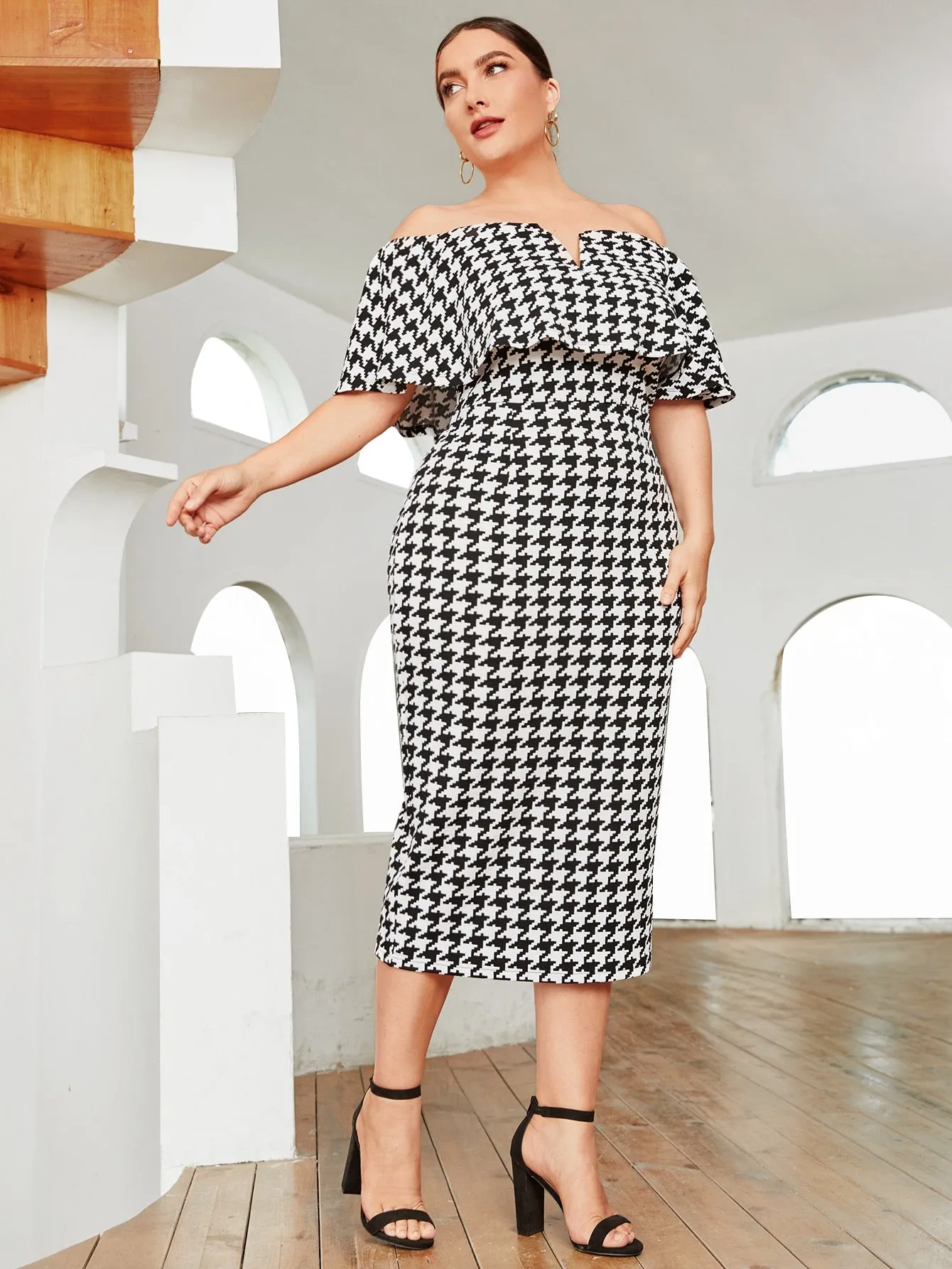 Elegant Houndstooth Zipper Short Sleeve Off The Shoulder Pencil High Waist Long Plus Size Dress