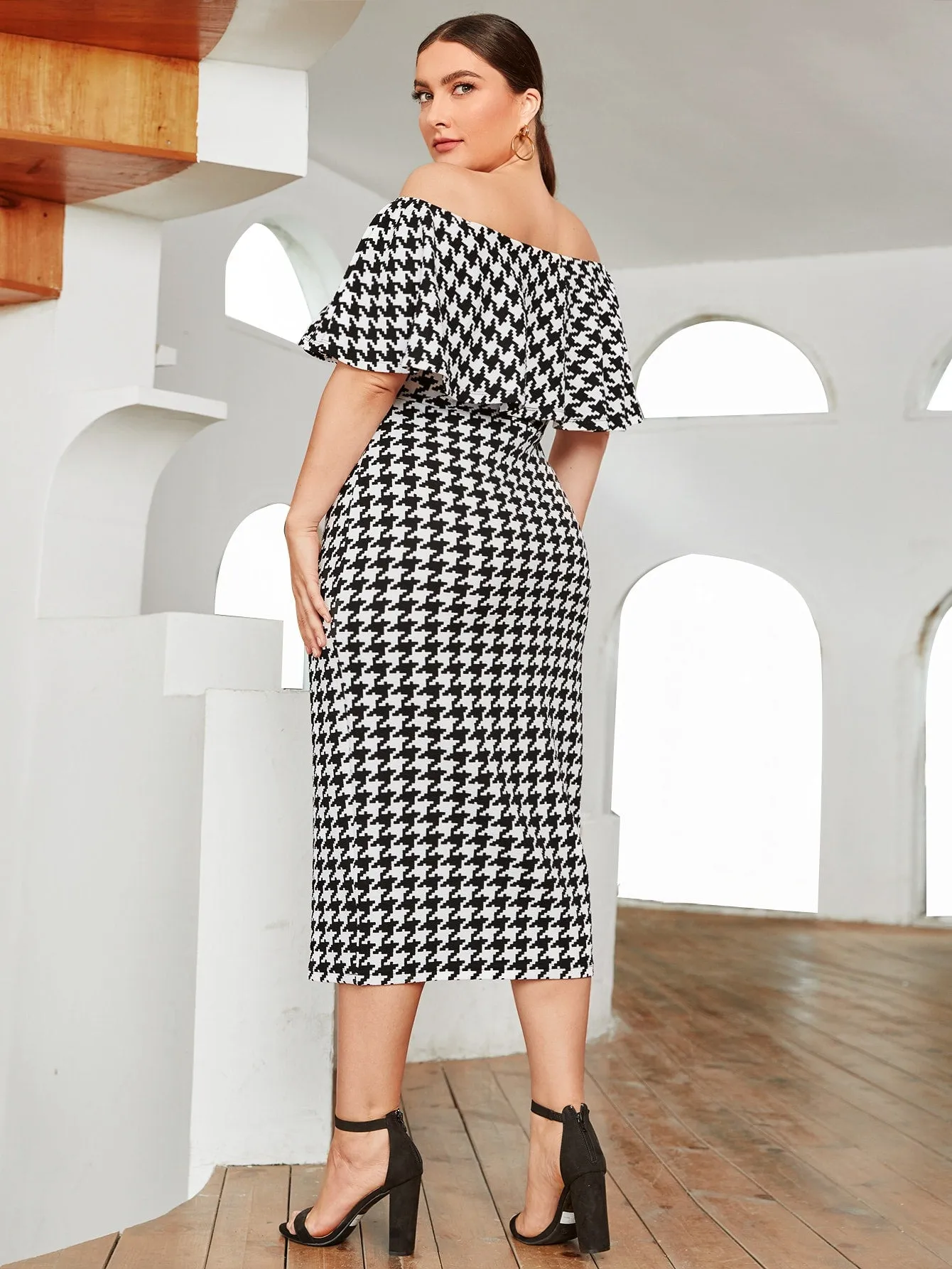 Elegant Houndstooth Zipper Short Sleeve Off The Shoulder Pencil High Waist Long Plus Size Dress