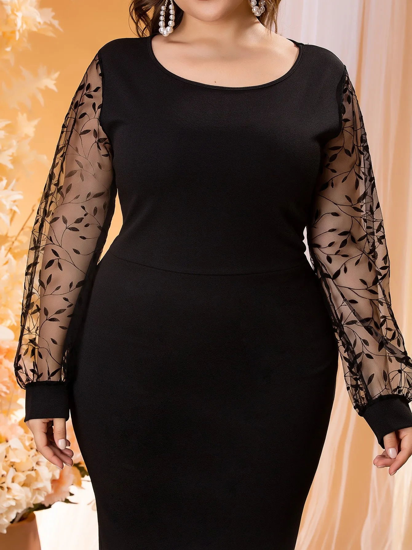 Elegant Plain Contrast Mesh Long Sleeve Round Neck Pencil High Waist Long Plus Size Dress