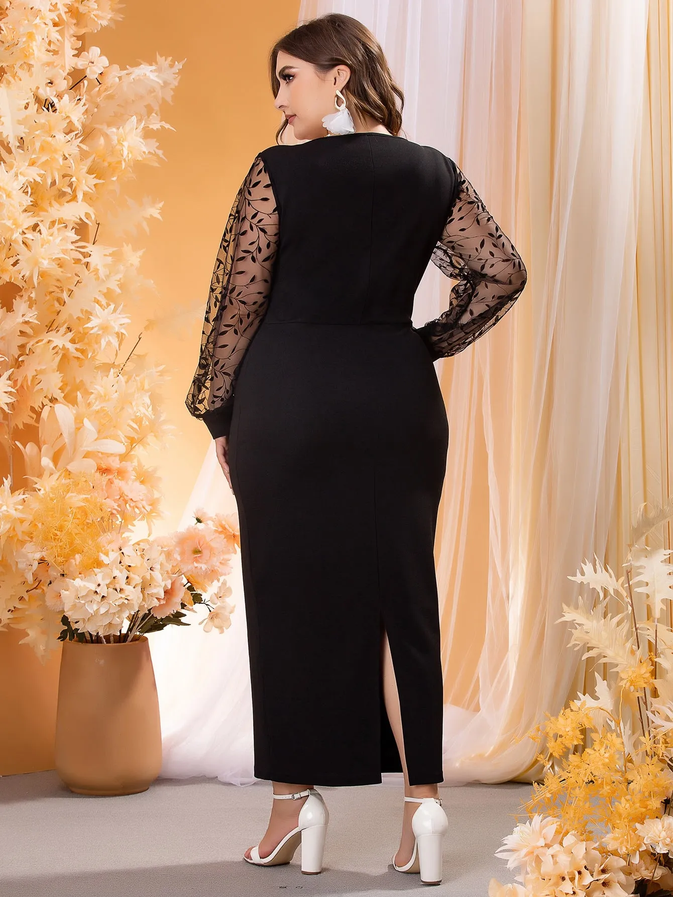 Elegant Plain Contrast Mesh Long Sleeve Round Neck Pencil High Waist Long Plus Size Dress