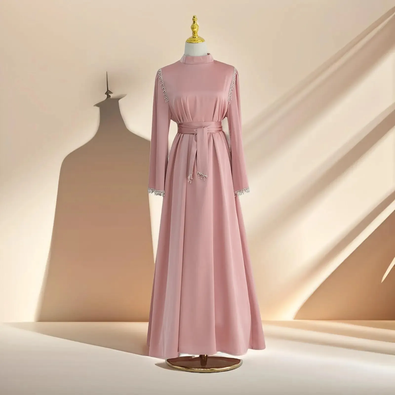 Elegant Satin Beaded Gown - Stella Radiance