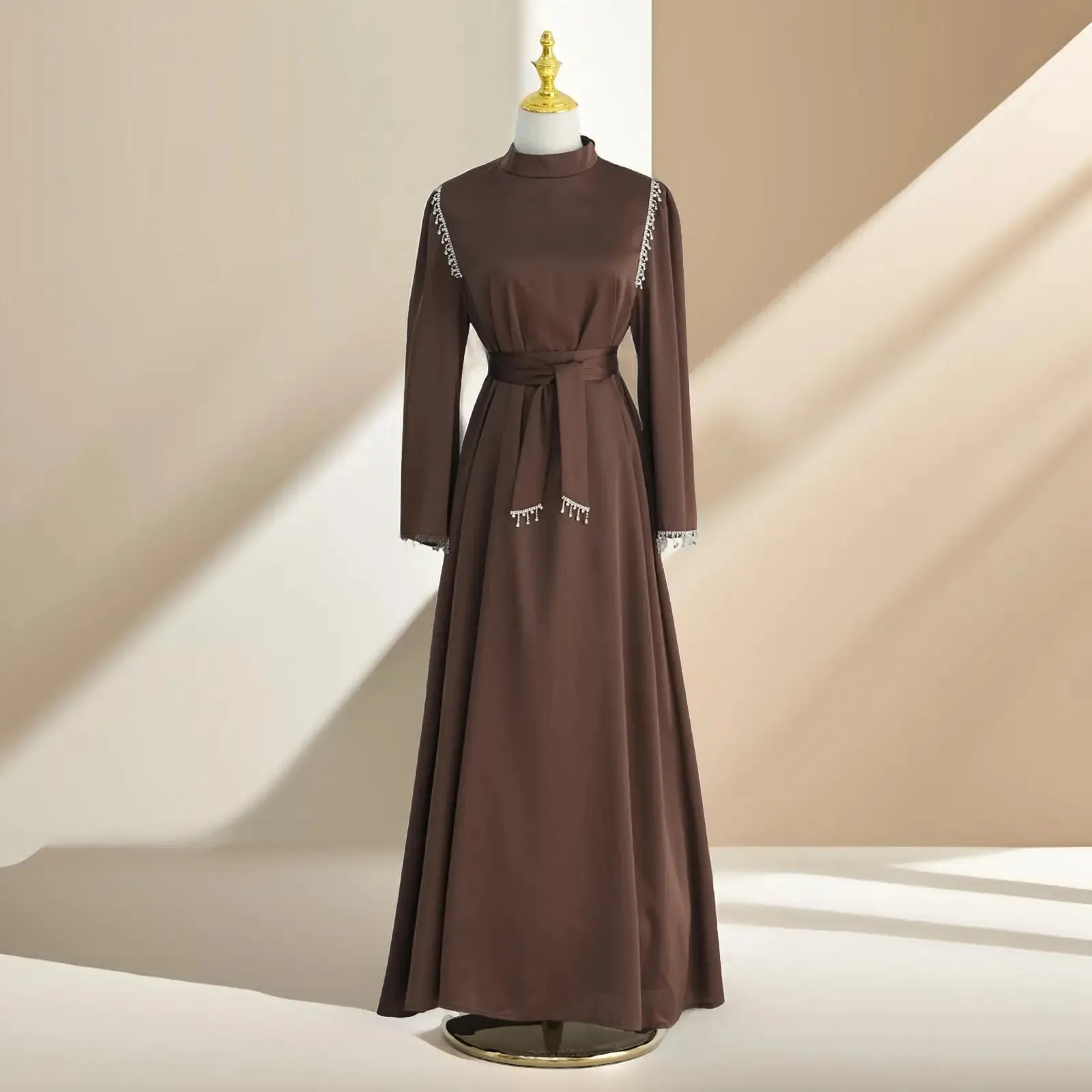 Elegant Satin Beaded Gown - Stella Radiance