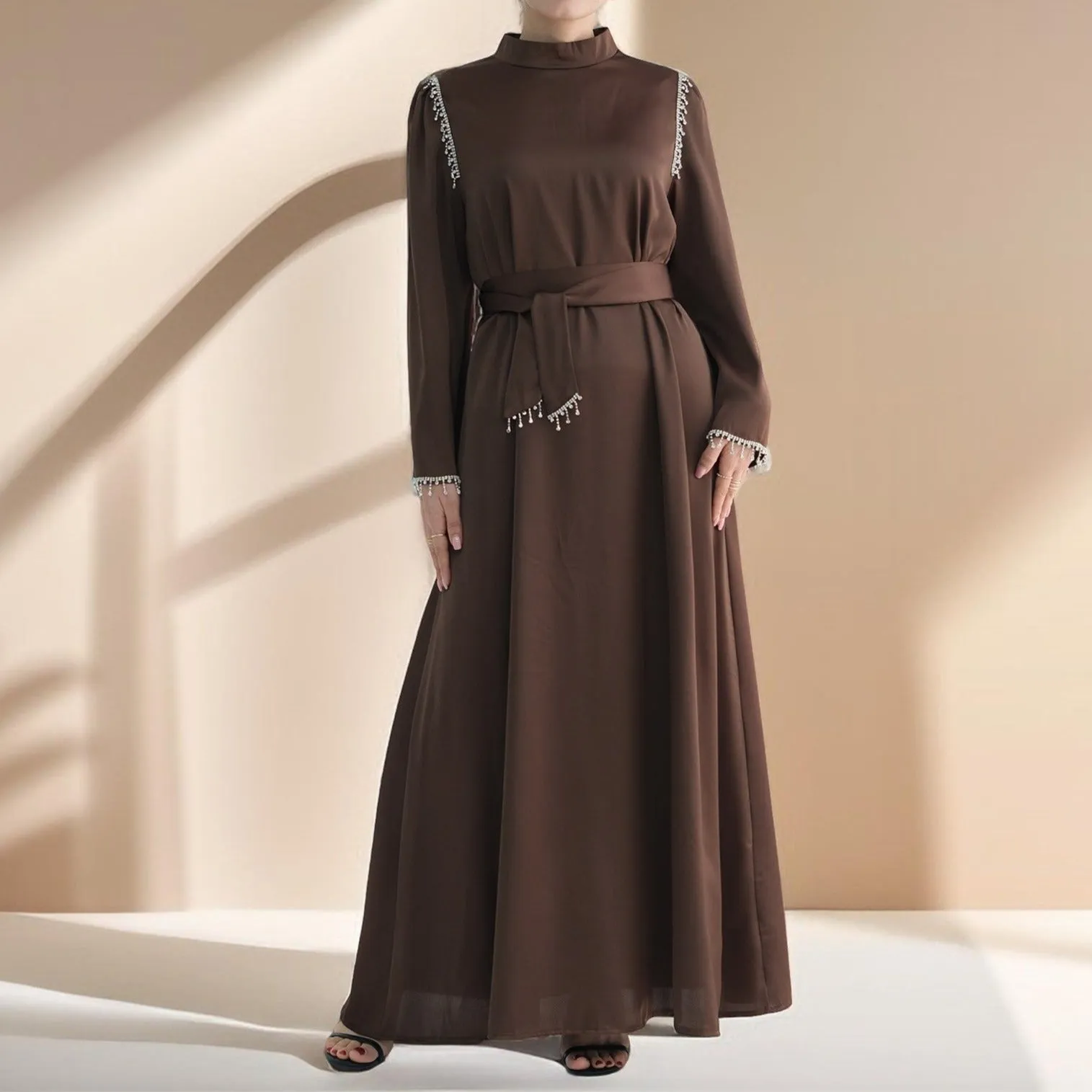 Elegant Satin Beaded Gown - Stella Radiance