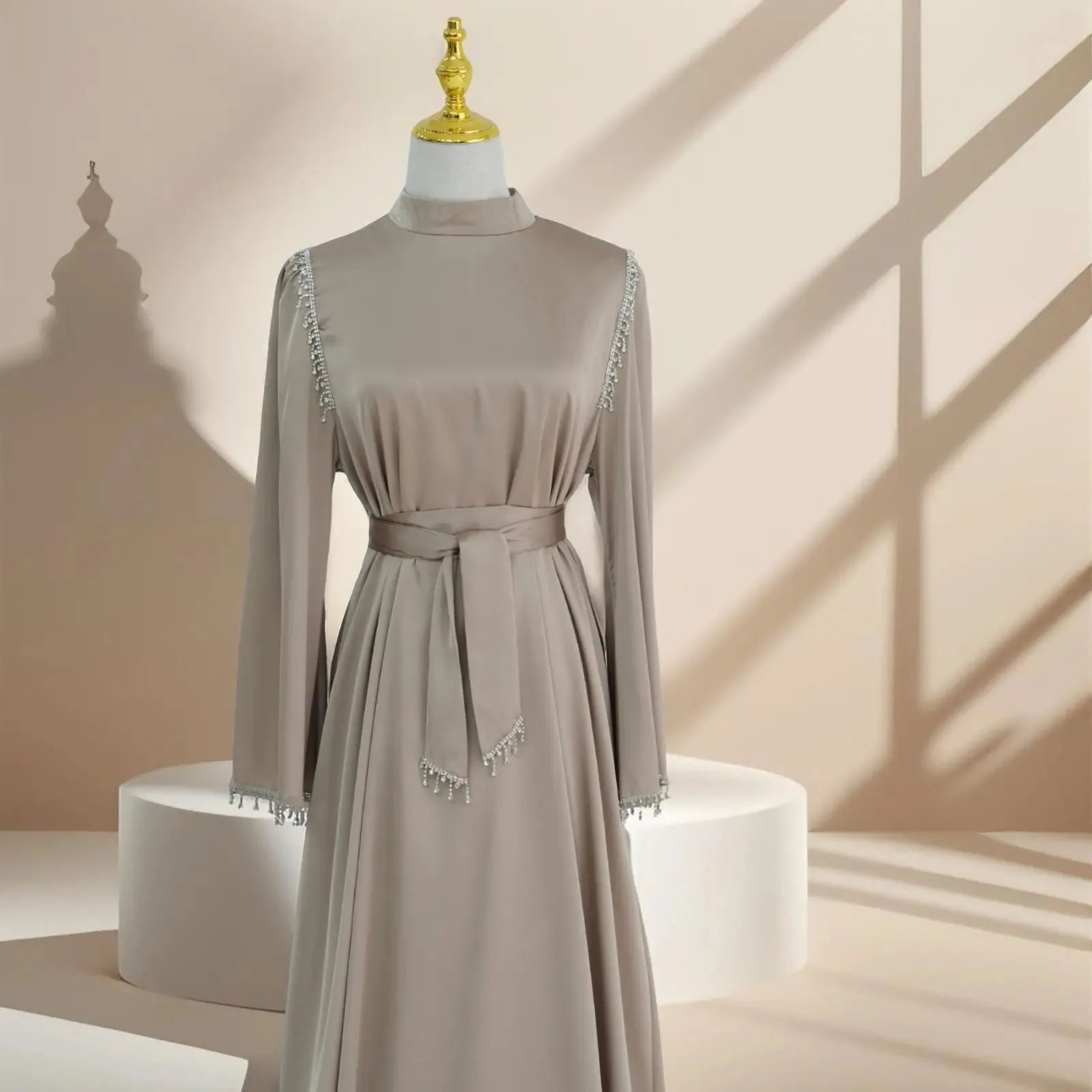 Elegant Satin Beaded Gown - Stella Radiance