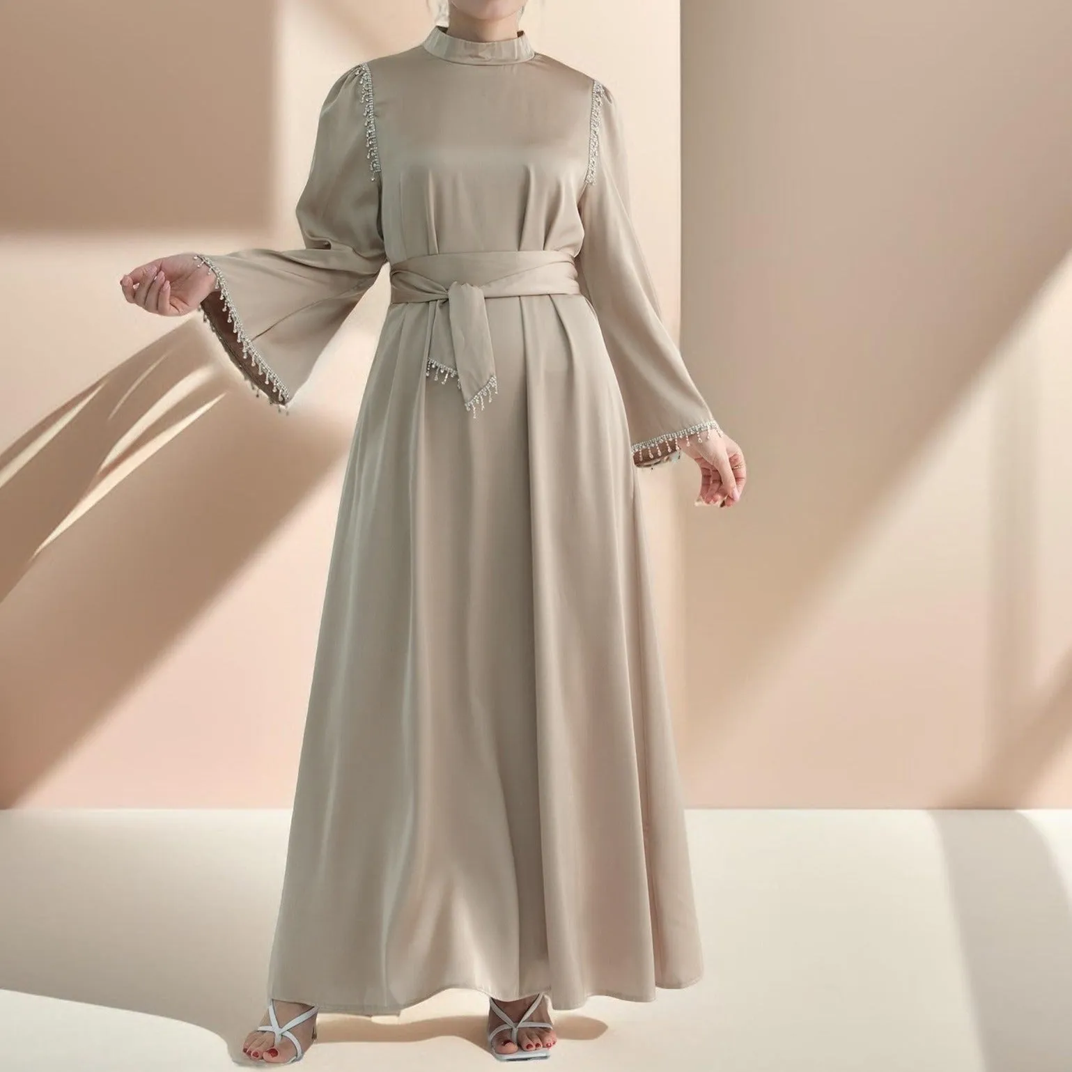 Elegant Satin Beaded Gown - Stella Radiance