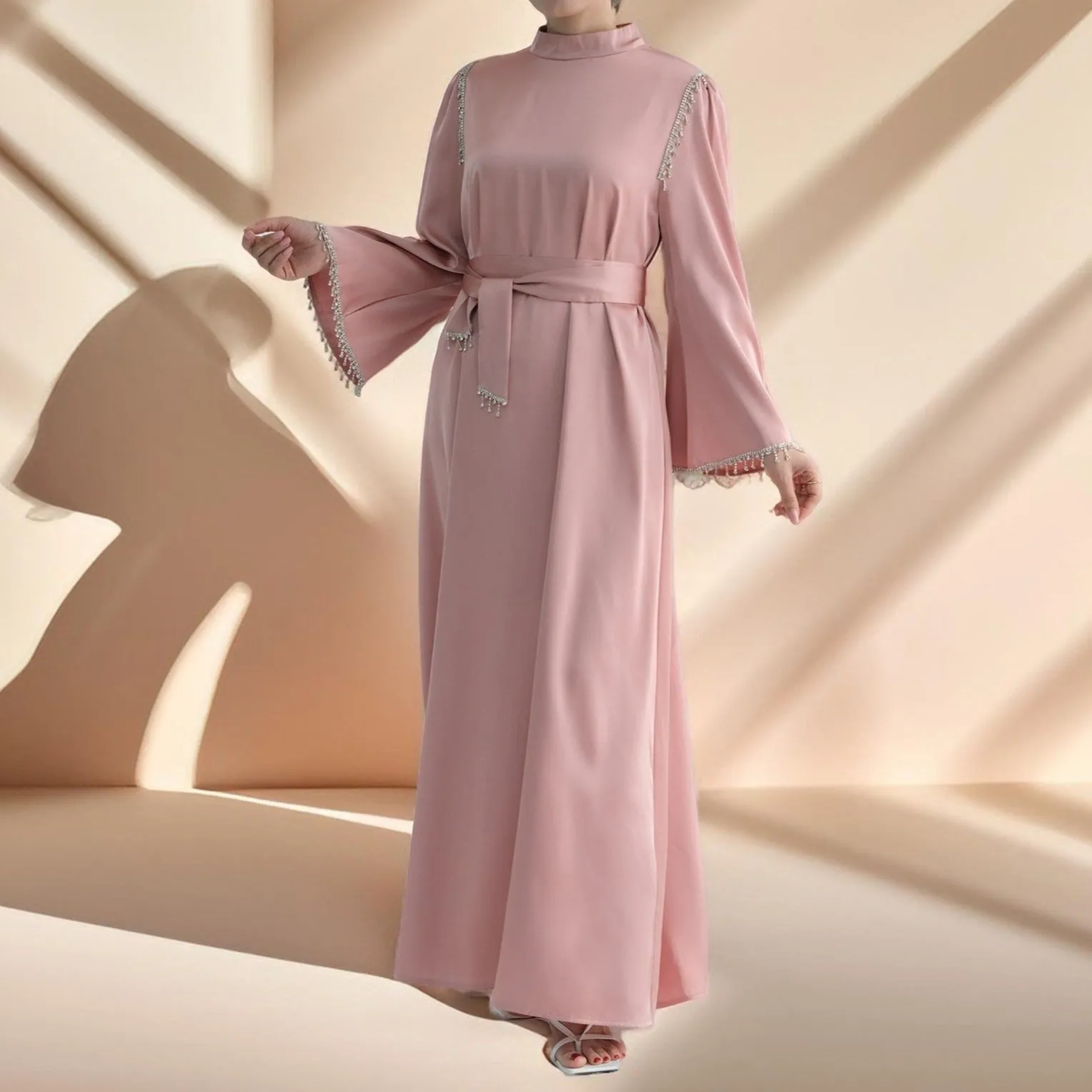 Elegant Satin Beaded Gown - Stella Radiance