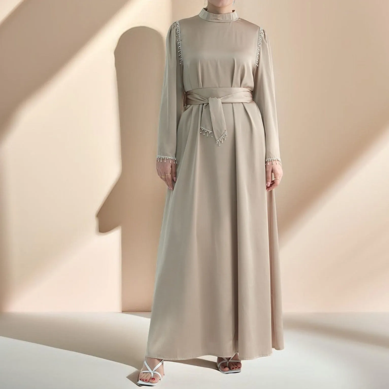 Elegant Satin Beaded Gown - Stella Radiance