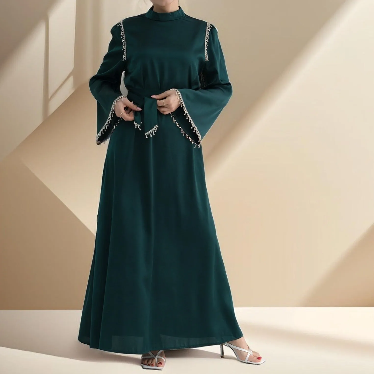 Elegant Satin Beaded Gown - Stella Radiance