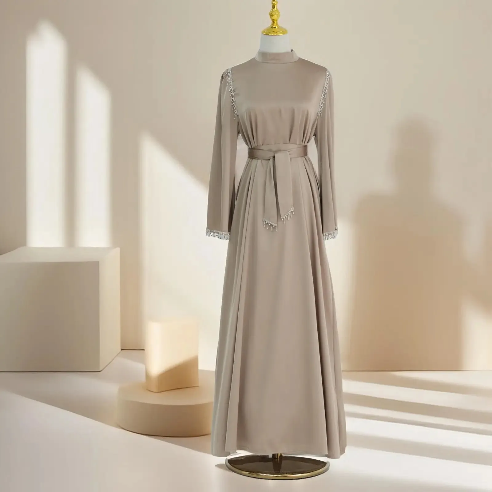Elegant Satin Beaded Gown - Stella Radiance