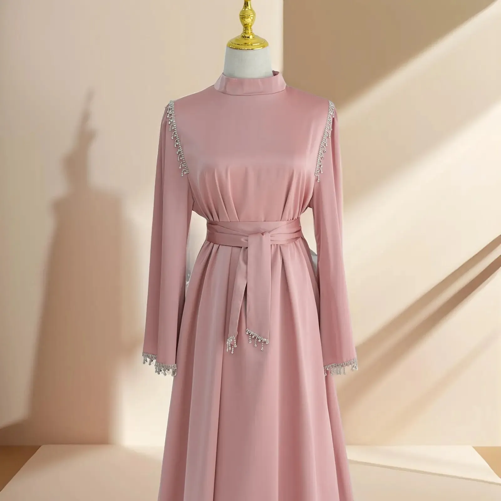 Elegant Satin Beaded Gown - Stella Radiance