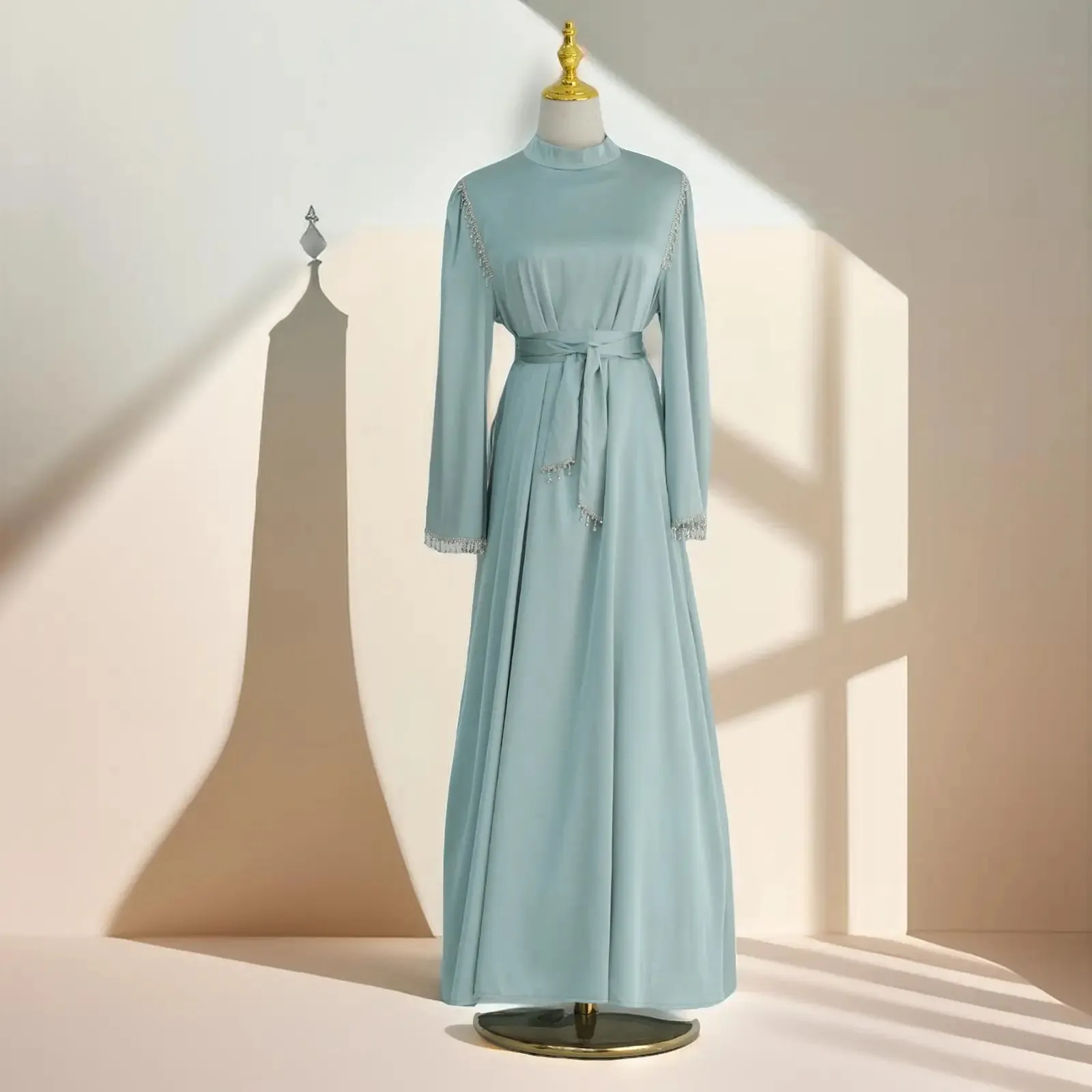 Elegant Satin Beaded Gown - Stella Radiance