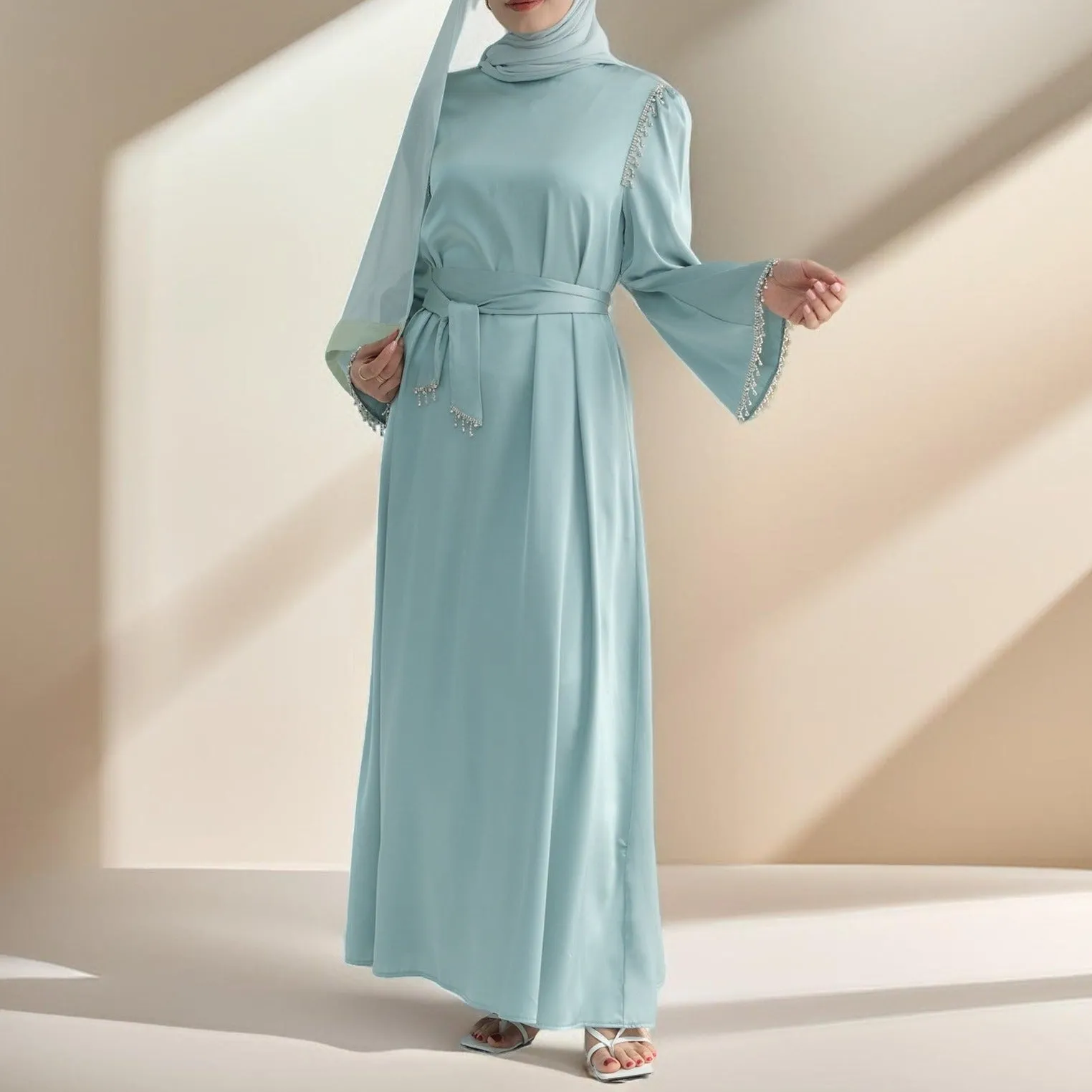 Elegant Satin Beaded Gown - Stella Radiance