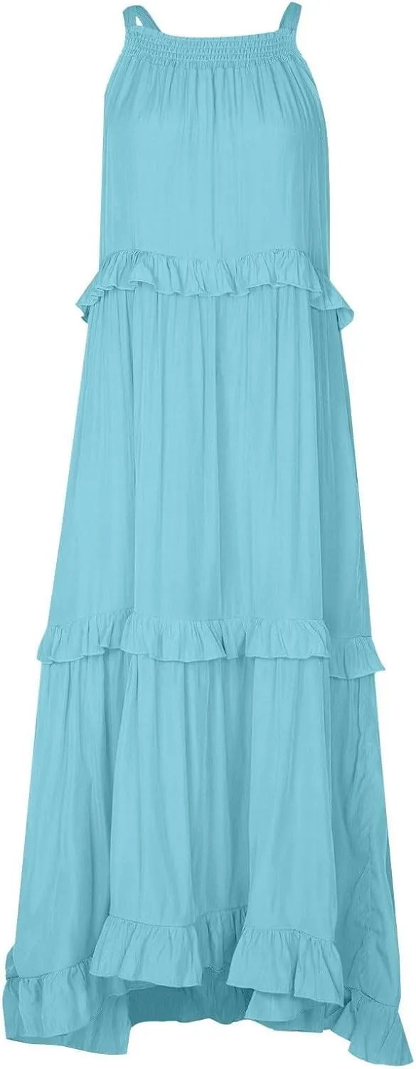 Elegant Women's Sleeveless Maxi Summer Beach Long Loose Flowy Ruffle Tiered Maxi Dress with Pockets