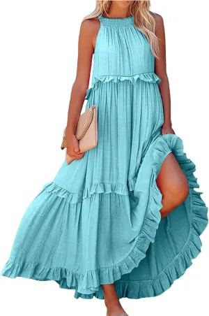 Elegant Women's Sleeveless Maxi Summer Beach Long Loose Flowy Ruffle Tiered Maxi Dress with Pockets