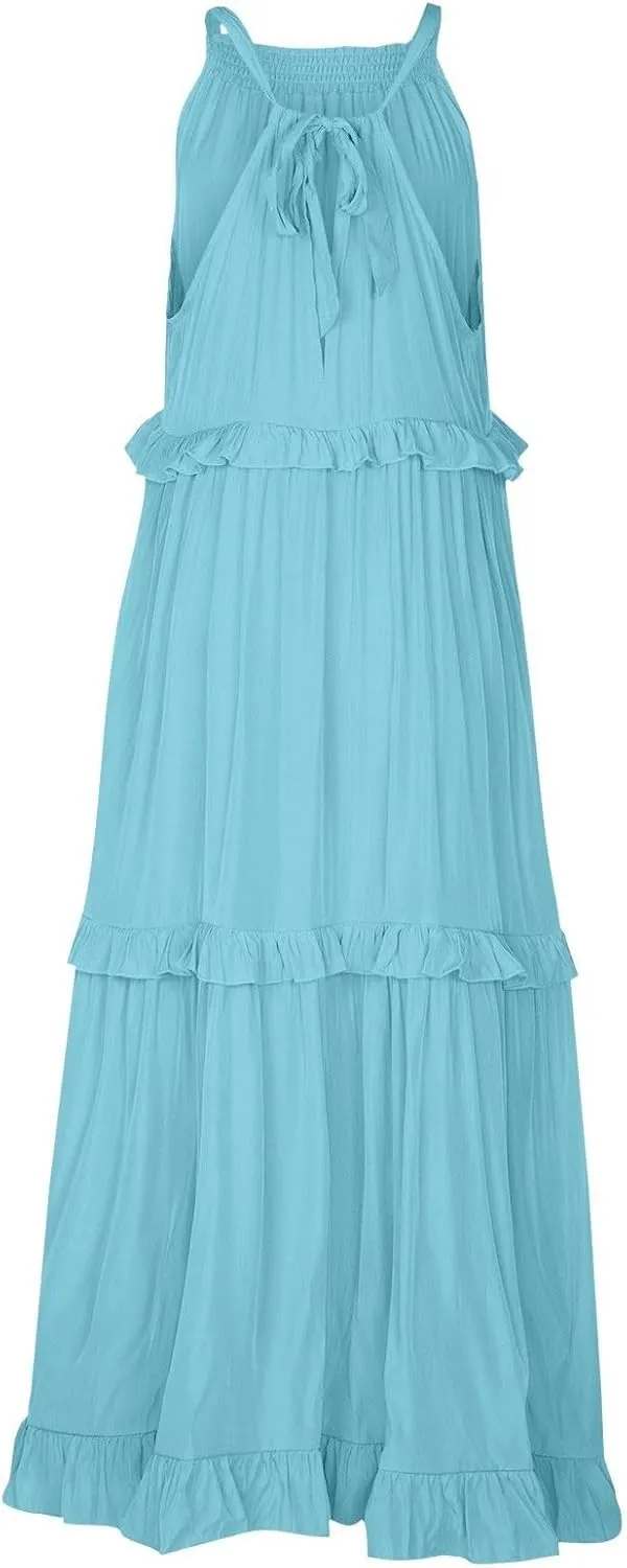 Elegant Women's Sleeveless Maxi Summer Beach Long Loose Flowy Ruffle Tiered Maxi Dress with Pockets