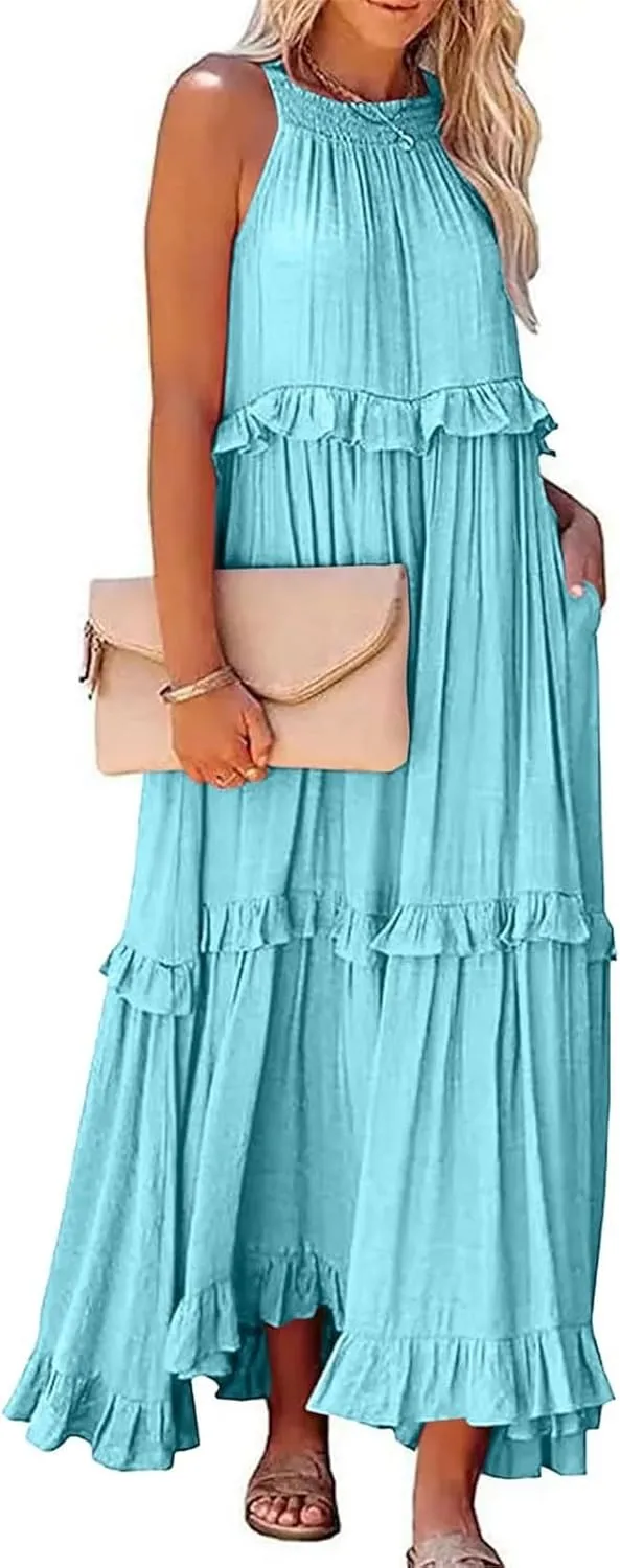 Elegant Women's Sleeveless Maxi Summer Beach Long Loose Flowy Ruffle Tiered Maxi Dress with Pockets