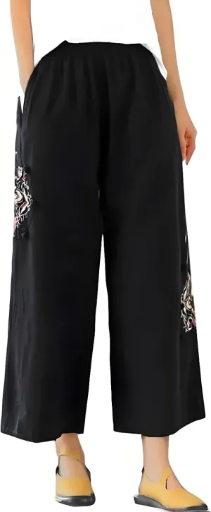 Embroidered Capris for Women Cotton Linen Wide Leg Pants Plus Size Summer Capri Pants Elastic Waist Beach Pants