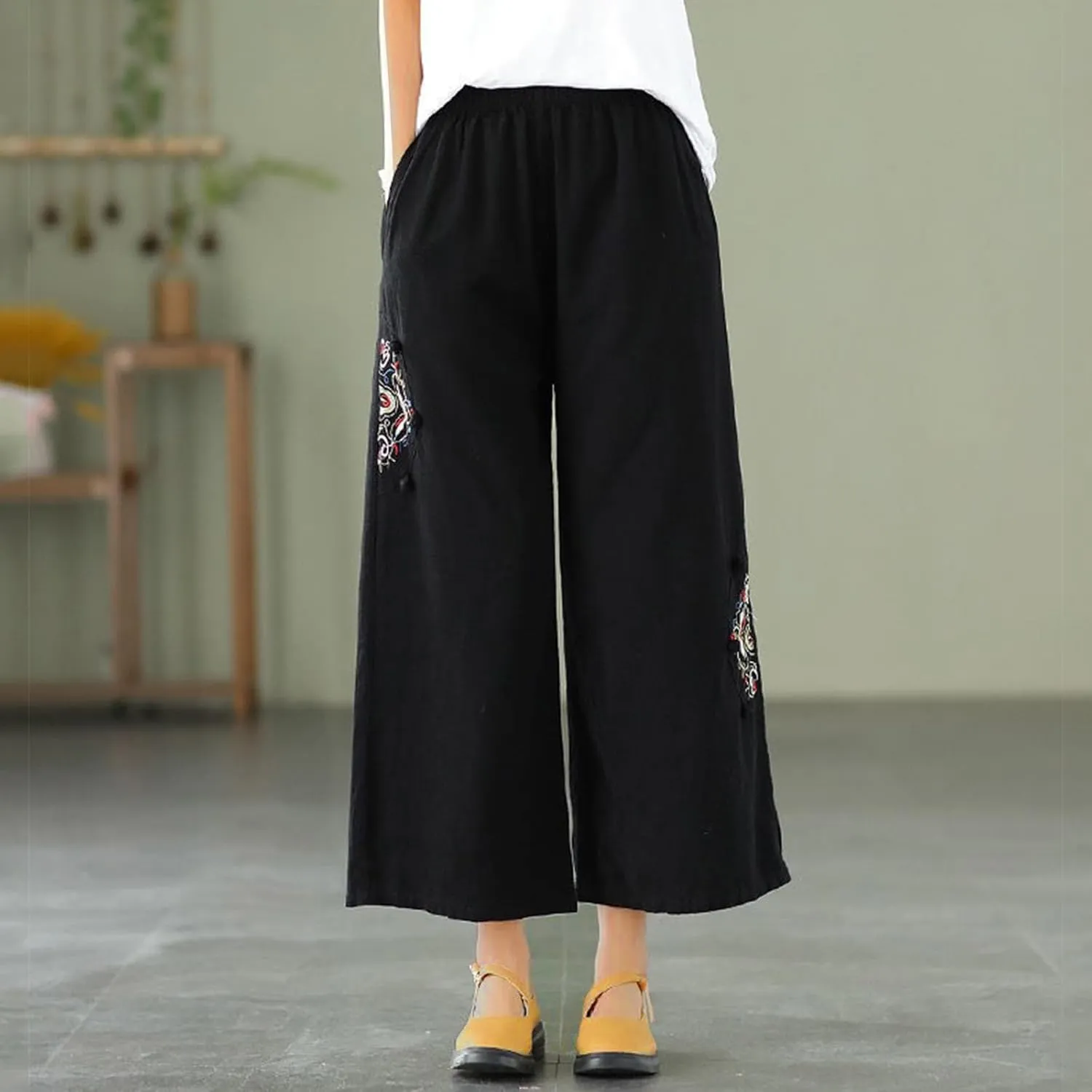 Embroidered Capris for Women Cotton Linen Wide Leg Pants Plus Size Summer Capri Pants Elastic Waist Beach Pants