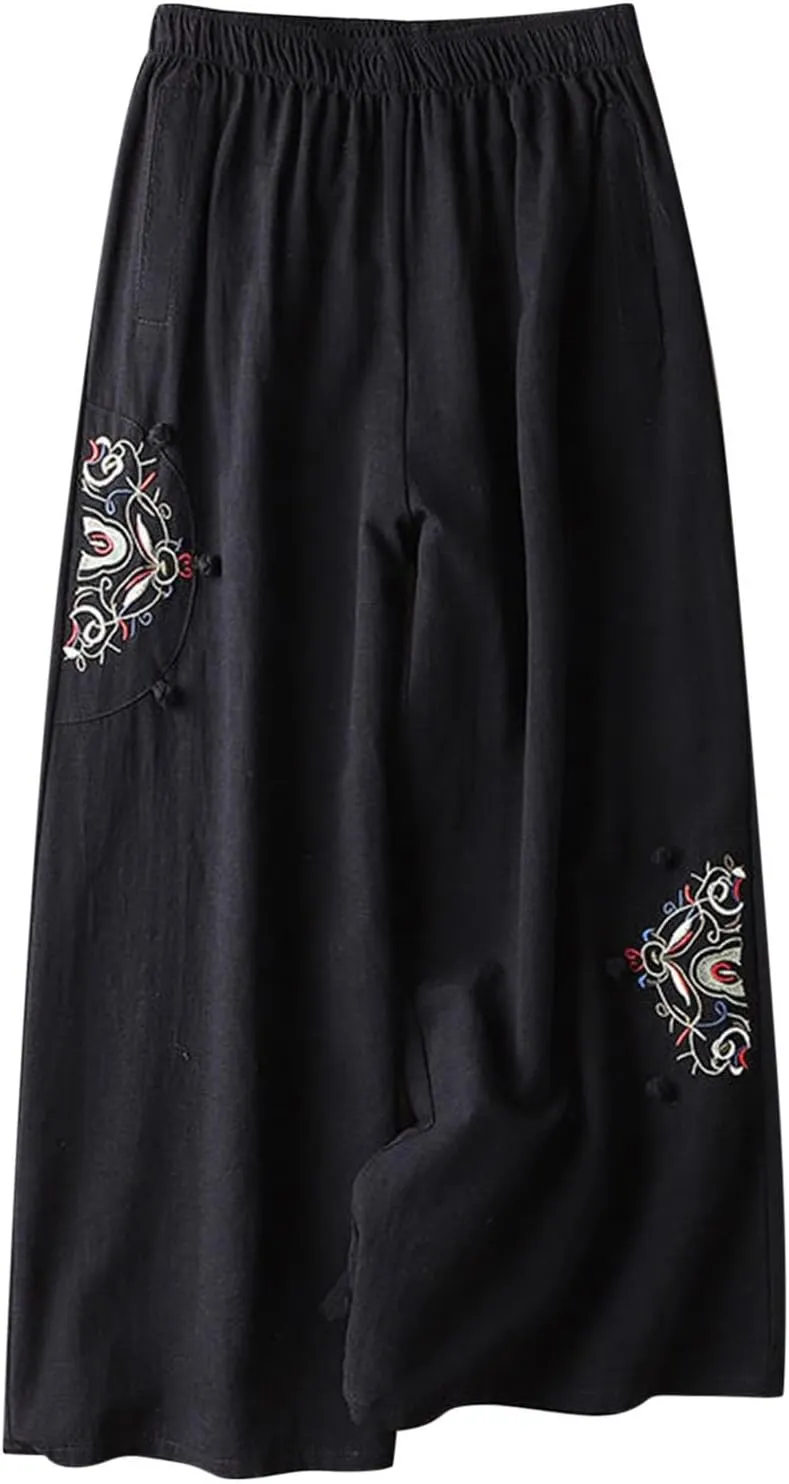 Embroidered Capris for Women Cotton Linen Wide Leg Pants Plus Size Summer Capri Pants Elastic Waist Beach Pants