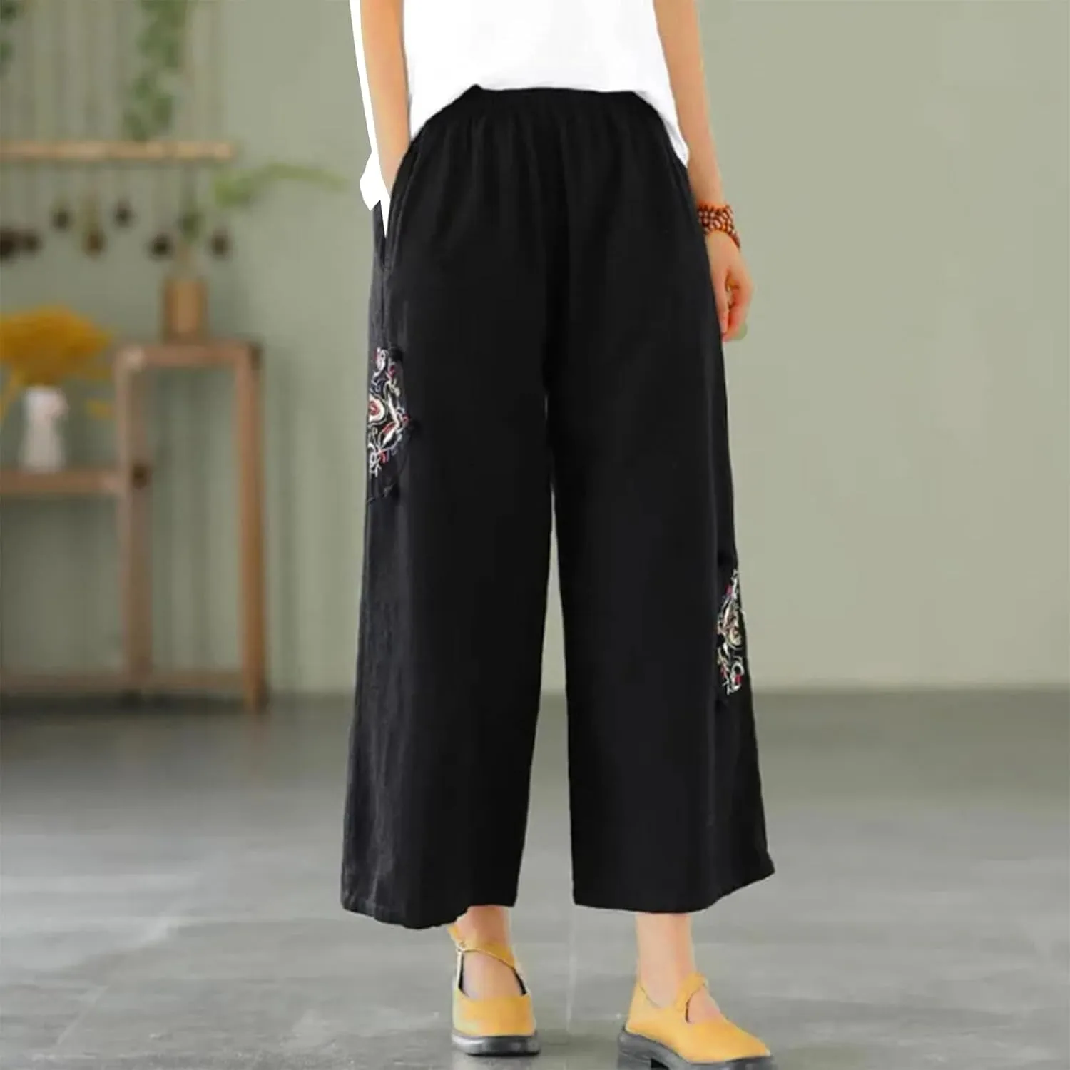 Embroidered Capris for Women Cotton Linen Wide Leg Pants Plus Size Summer Capri Pants Elastic Waist Beach Pants