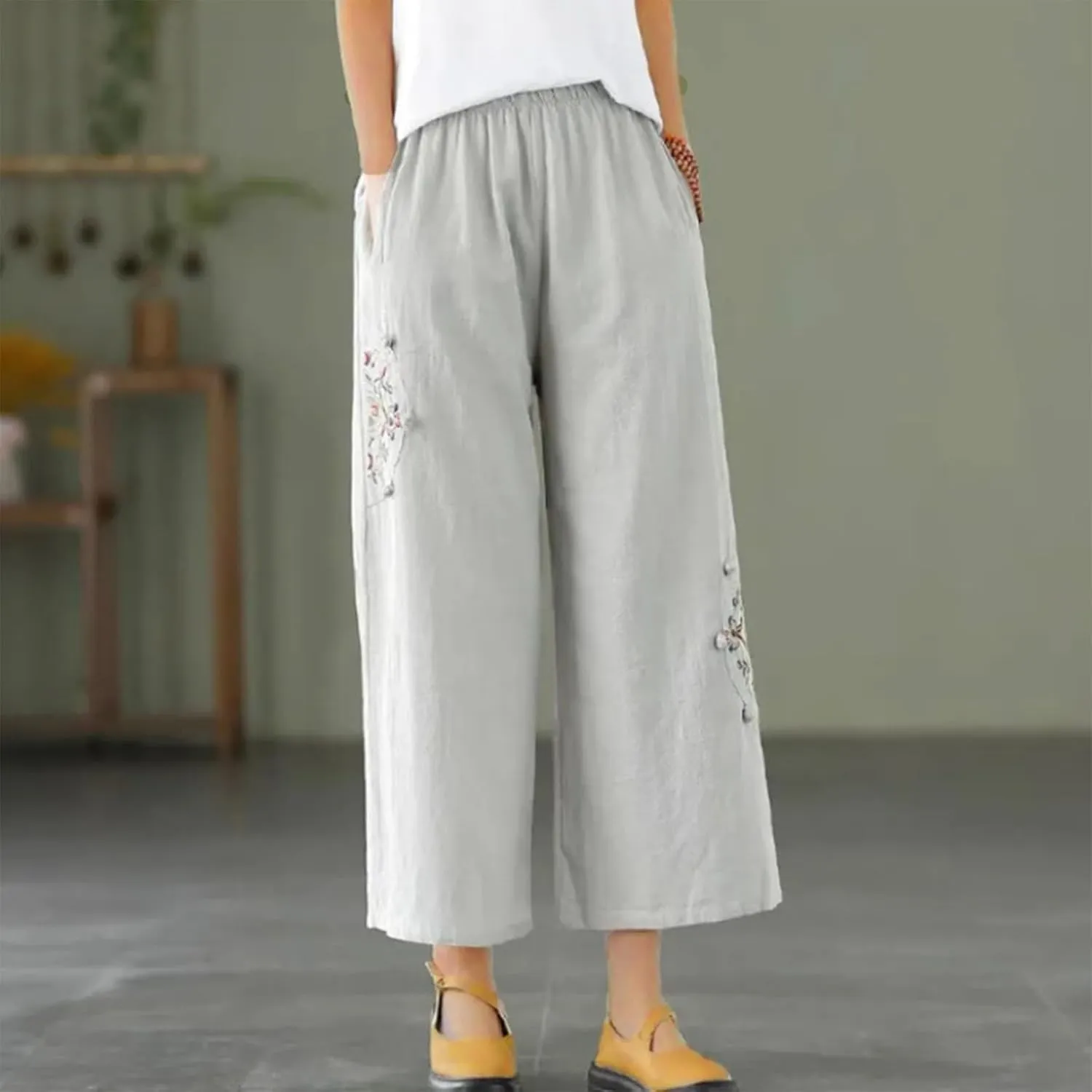 Embroidered Capris for Women Cotton Linen Wide Leg Pants Plus Size Summer Capri Pants Elastic Waist Beach Pants