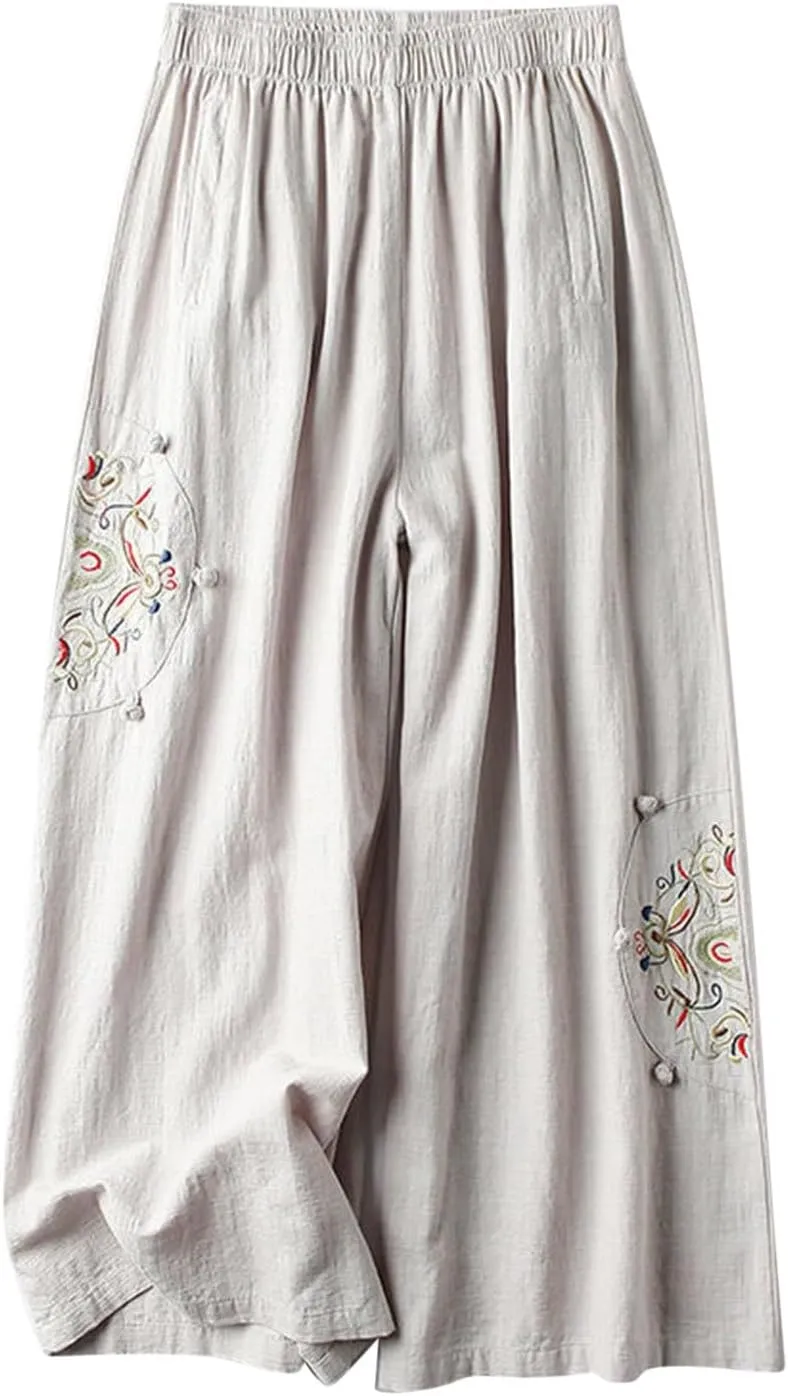 Embroidered Capris for Women Cotton Linen Wide Leg Pants Plus Size Summer Capri Pants Elastic Waist Beach Pants