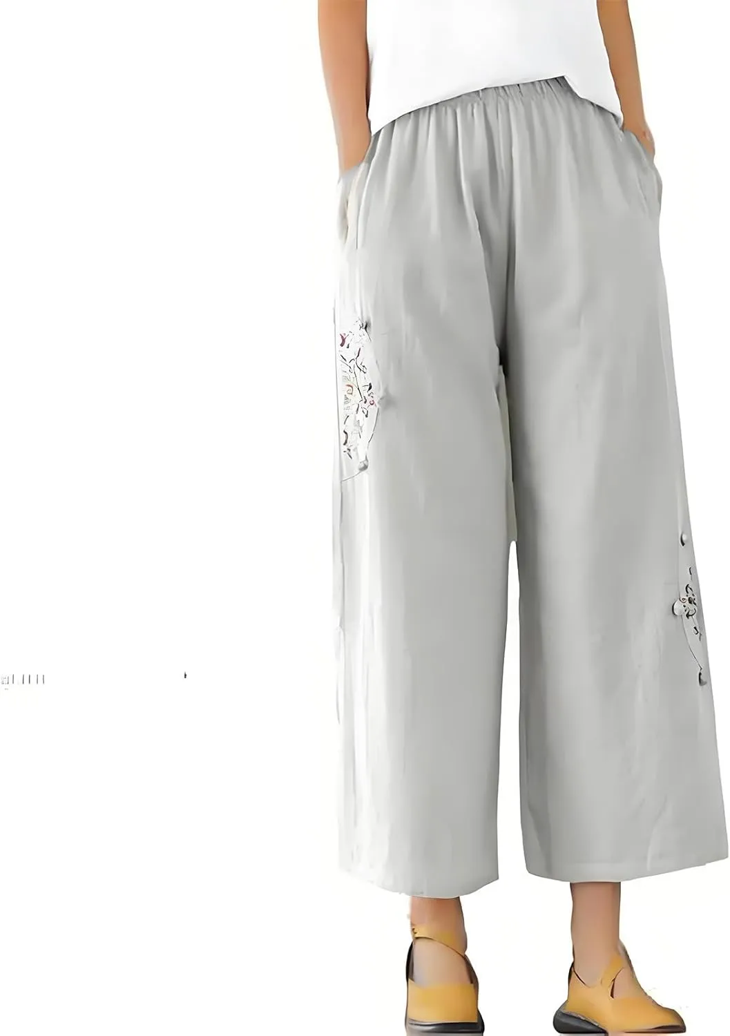 Embroidered Capris for Women Cotton Linen Wide Leg Pants Plus Size Summer Capri Pants Elastic Waist Beach Pants