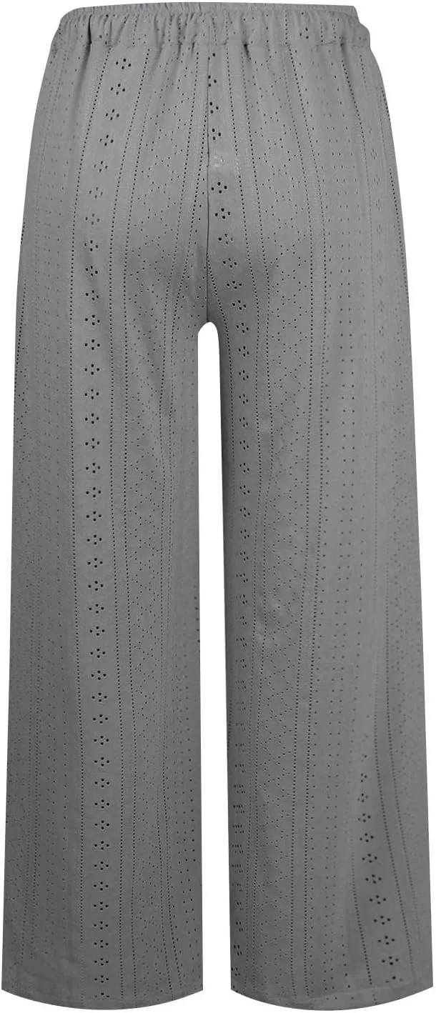 Eyelet Embroidered Pants for Women Wide Leg Casual Summer Pant Drawstring Elastic Waist Palazzo Lounge Trousers