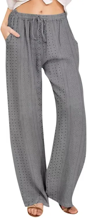 Eyelet Embroidered Pants for Women Wide Leg Casual Summer Pant Drawstring Elastic Waist Palazzo Lounge Trousers