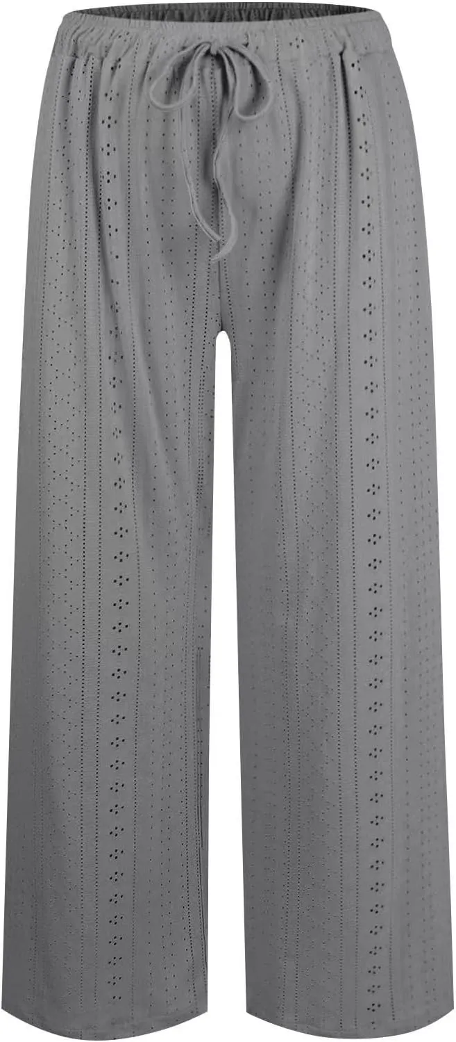Eyelet Embroidered Pants for Women Wide Leg Casual Summer Pant Drawstring Elastic Waist Palazzo Lounge Trousers