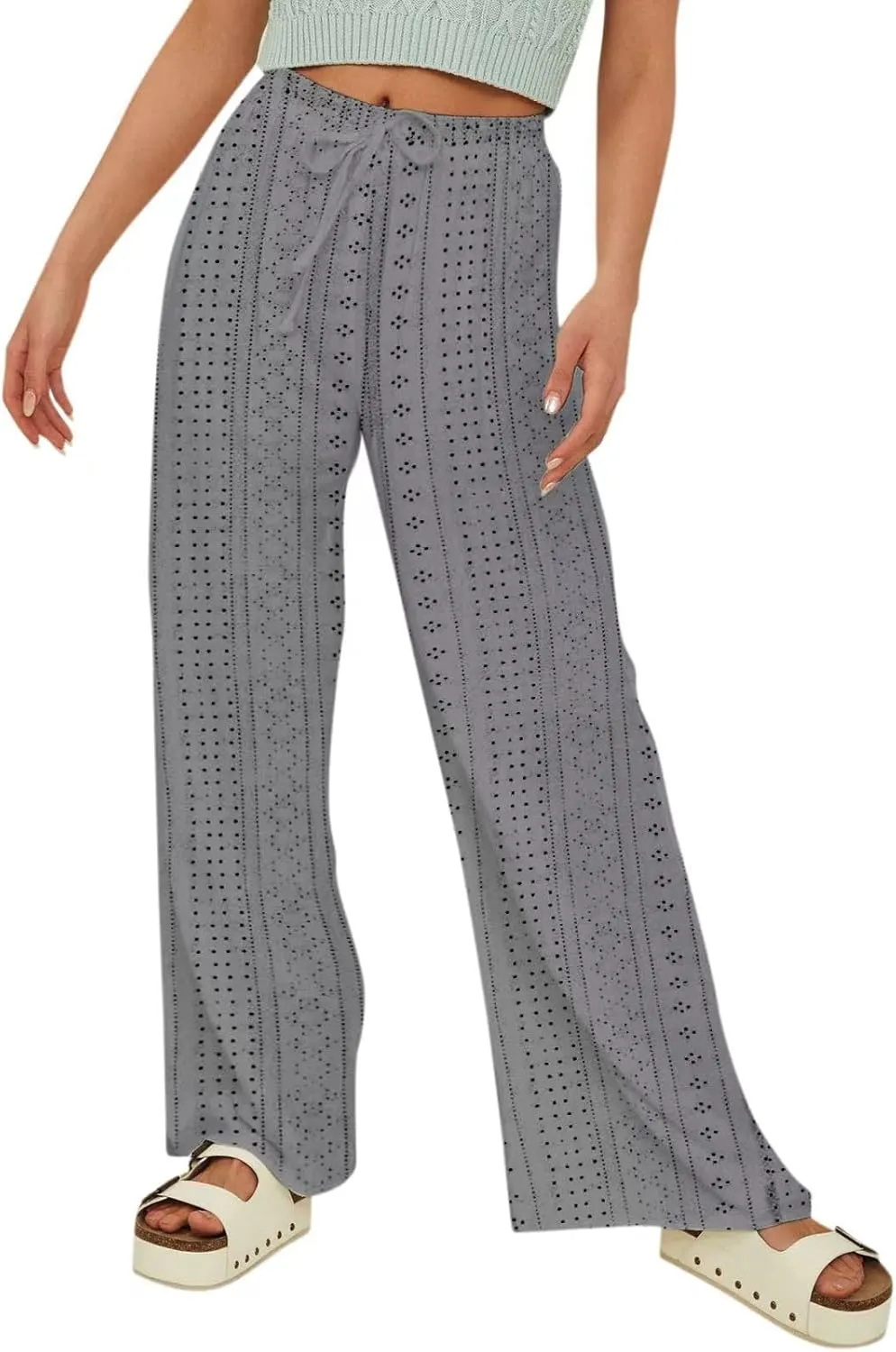 Eyelet Embroidered Pants for Women Wide Leg Casual Summer Pant Drawstring Elastic Waist Palazzo Lounge Trousers