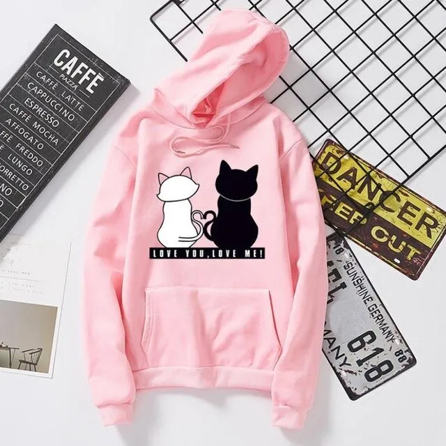 Fashion Cat Print Loose O-Neck Hoodie