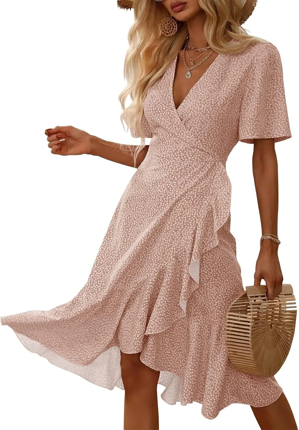 Febriajuce Women's Summer Wrap Maxi Dress Casual Boho Floral V Neck Short Sleeve Ruffle Hem Flowy Split Beach Long Dresses