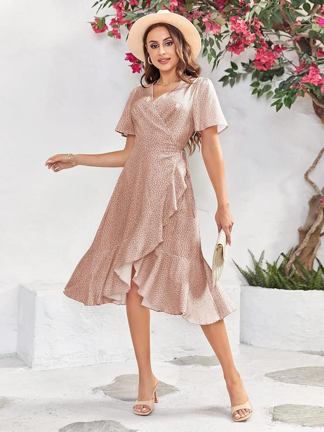Febriajuce Women's Summer Wrap Maxi Dress Casual Boho Floral V Neck Short Sleeve Ruffle Hem Flowy Split Beach Long Dresses
