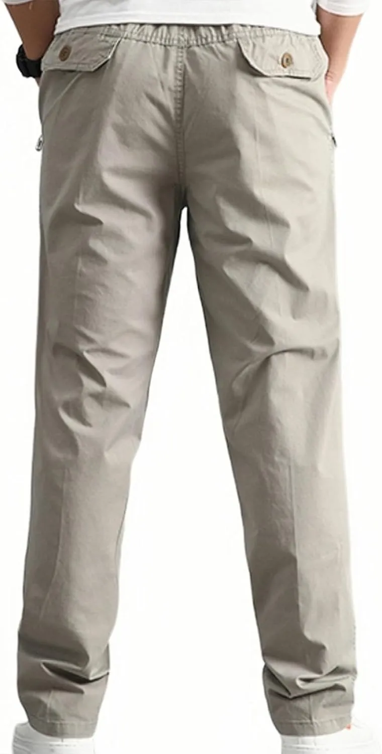 Finelylove Mens Casual Cargo Pants Elastic Waist Drawstring Hiking Pants Tapered Solid Chino Pants with Zip Pockets