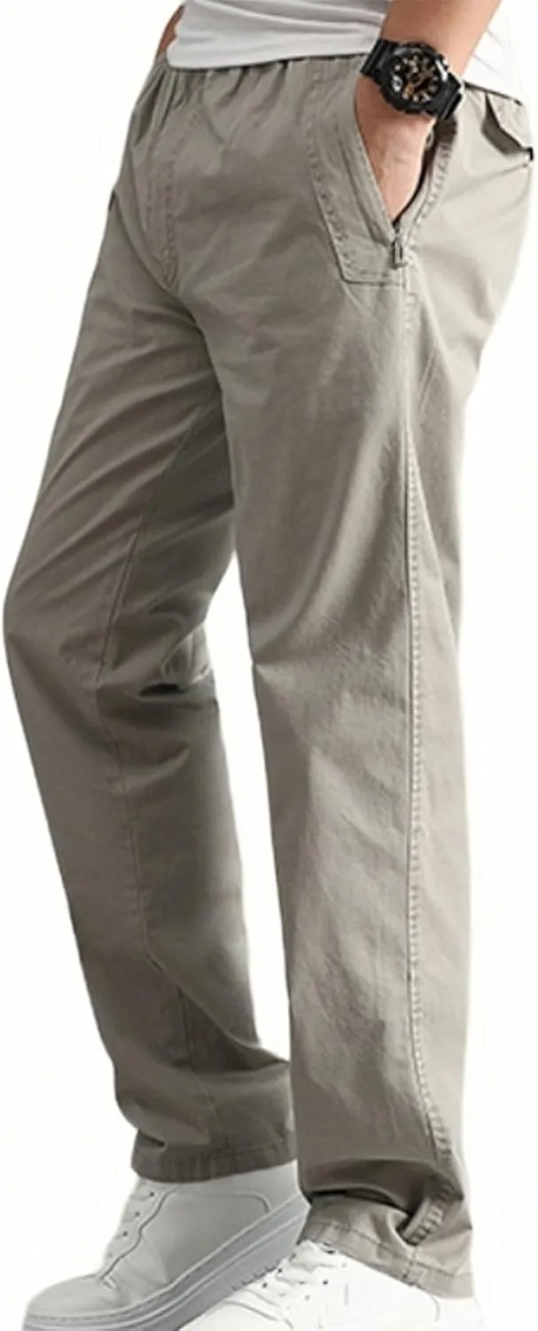 Finelylove Mens Casual Cargo Pants Elastic Waist Drawstring Hiking Pants Tapered Solid Chino Pants with Zip Pockets