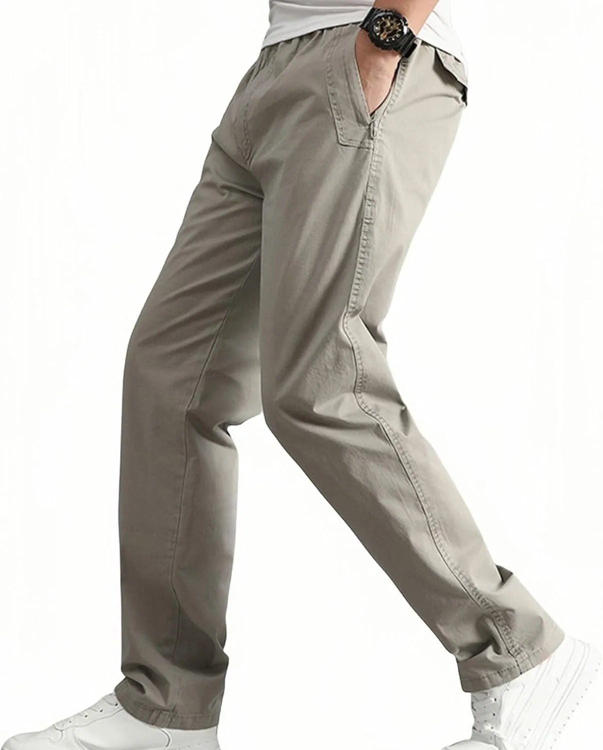 Finelylove Mens Casual Cargo Pants Elastic Waist Drawstring Hiking Pants Tapered Solid Chino Pants with Zip Pockets