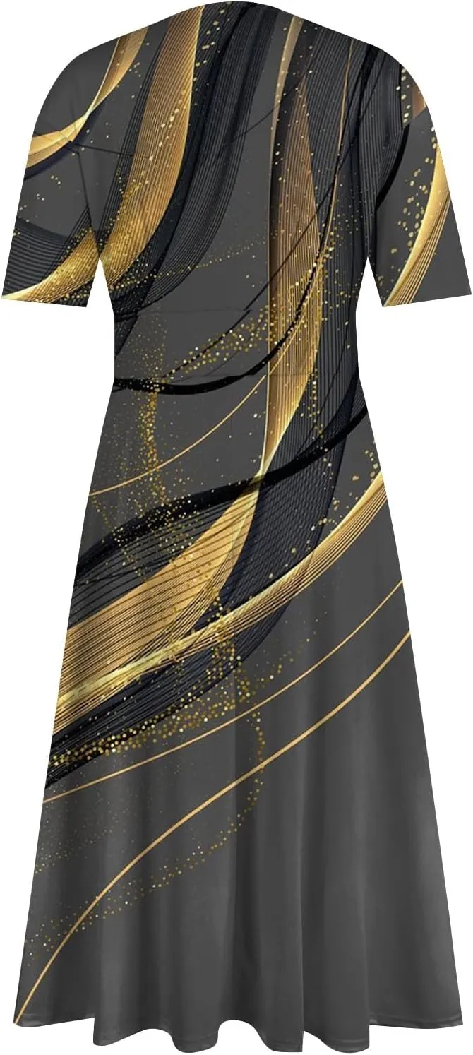 FlekmanArt Maxi Dress for Women Print Short Sleeve A-Line Beach Waist V Neck Trendy Swing Dress