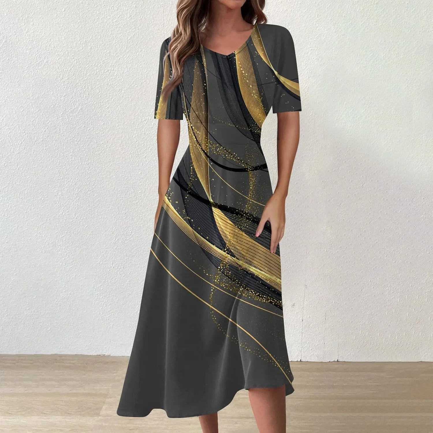 FlekmanArt Maxi Dress for Women Print Short Sleeve A-Line Beach Waist V Neck Trendy Swing Dress