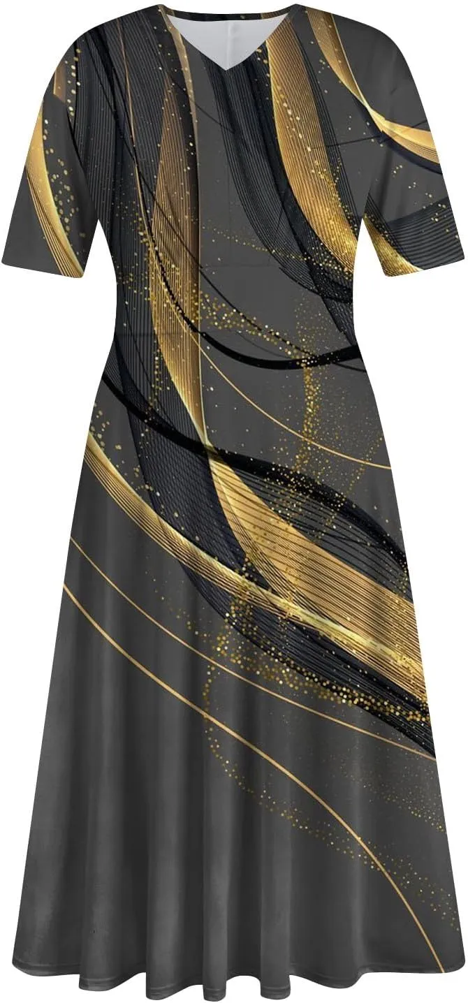FlekmanArt Maxi Dress for Women Print Short Sleeve A-Line Beach Waist V Neck Trendy Swing Dress