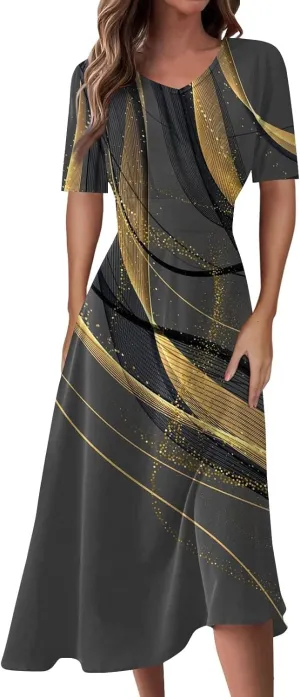 FlekmanArt Maxi Dress for Women Print Short Sleeve A-Line Beach Waist V Neck Trendy Swing Dress